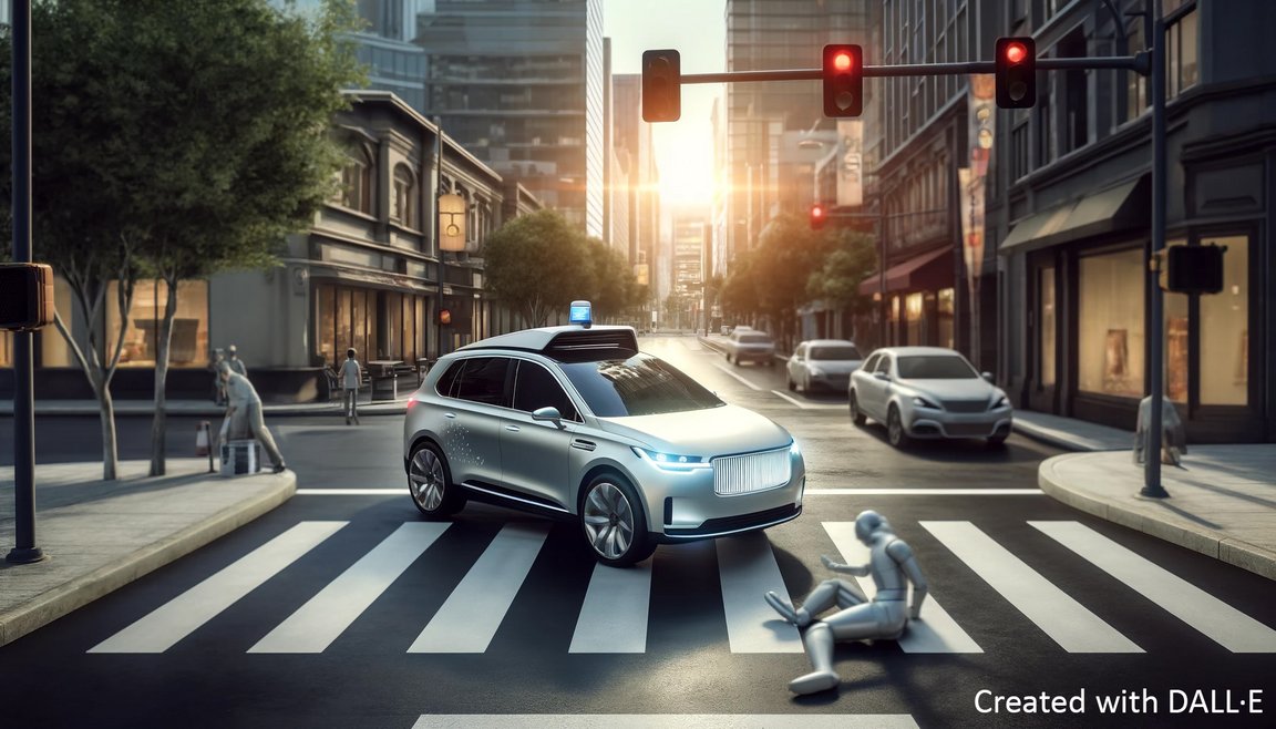 image depicting a realistic urban collision involving an automated car and a pedestrian at a crosswalk. The scene captures the critical moment just before a potential impact, emphasizing the ethical and safety challenges of automated driving in an everyday environment.
