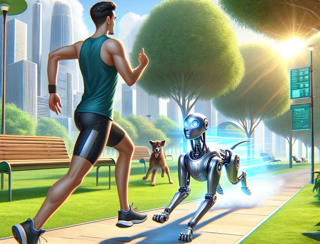 Jogger der einem Roboterhund entgegen rennt