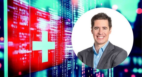 Business professional in front of techthemed Swiss flag