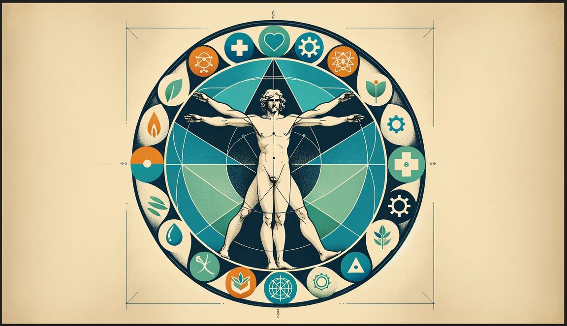 Symbolic representation of the themes of human-centered industries with the artistic inspiration of Leonardo da Vinci's Vitruvian Man