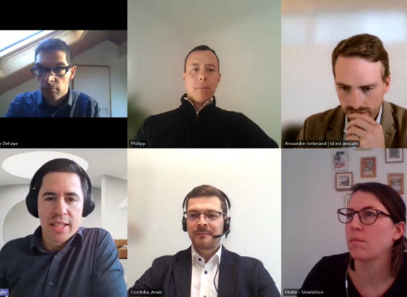  Six people in an online meeting on a split screen.