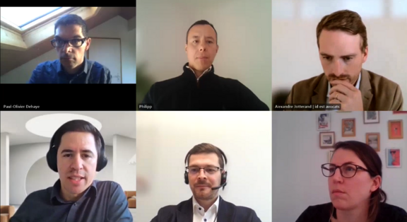  Six people in an online meeting on a split screen.