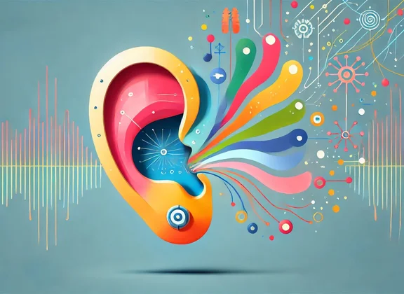 Oreille colorée avec des ondes sonores et des lignes abstraites
