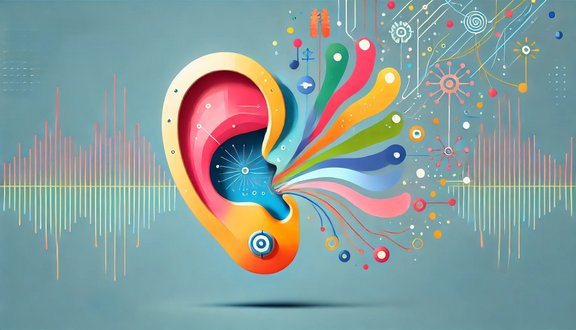 Buntes Ohr mit abstrakten Klangwellen und Linien