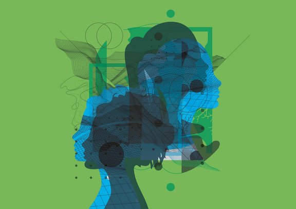 Abstract silhouettes of women on a green background