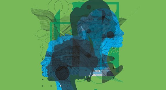 Abstract silhouettes of women on a green background