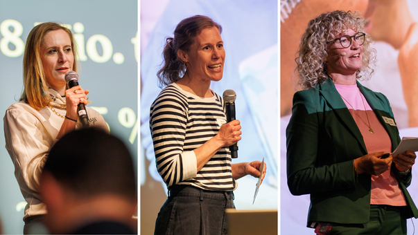 Photos of the three speakers at the pitch session: from left to right: Nina Schaller, Luya Foods; Doris Erne, Wheycation; Anita Limacher, Tasty Spready