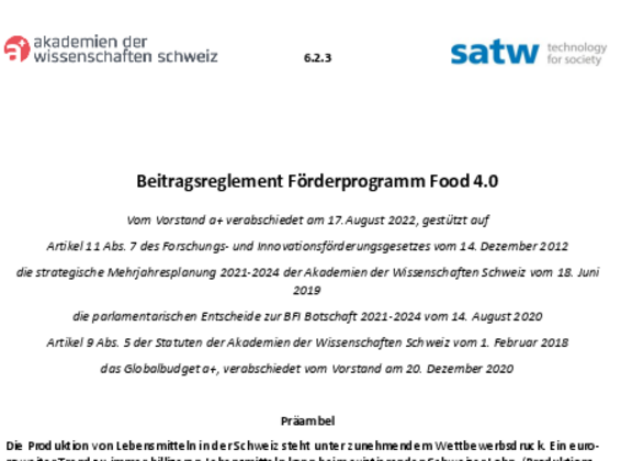 Beitragsreglement Förderprogramm Food 4.0