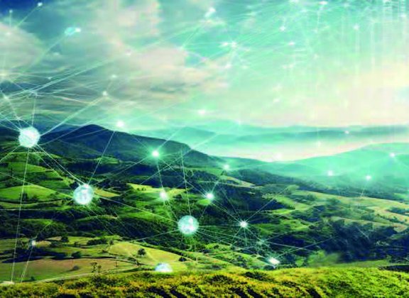 Landschaft mit Icons zu KI und Klima
