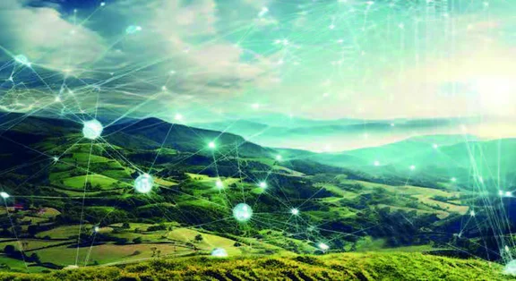 Landschaft mit Icons zu KI und Klima