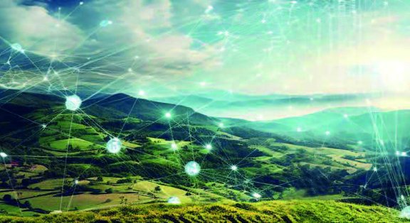 Landschaft mit Icons zu KI und Klima