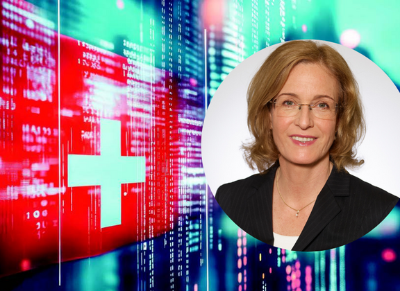 Portrait of Jana Koehler in front of a digital background with a Swiss flag