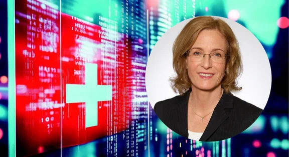 Porträt von Jana Koehler vor digitalem Hintergrund mit Schweizerflagge