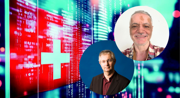 Swiss flag with digital background and two portraits of men