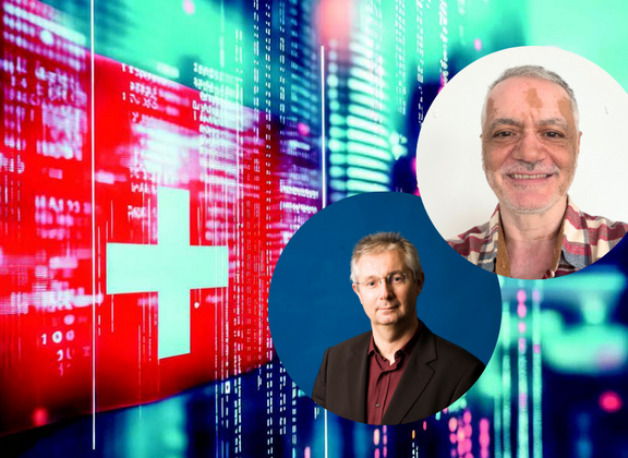 Swiss flag with digital background and two portraits of men