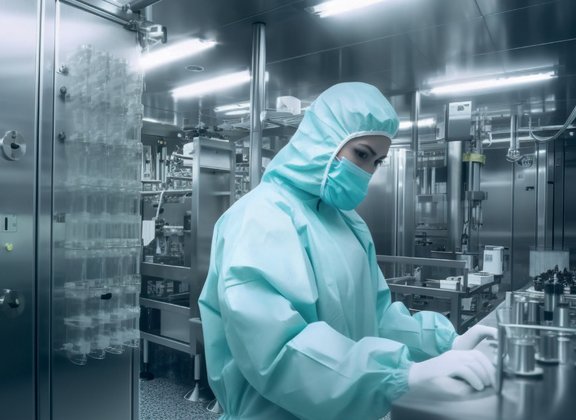 Person in einem Schutzanzug in einem Labor