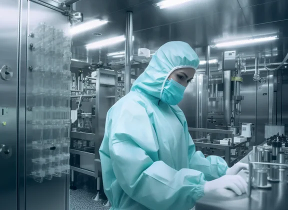 Person in einem Schutzanzug in einem Labor