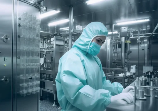 Person in einem Schutzanzug in einem Labor