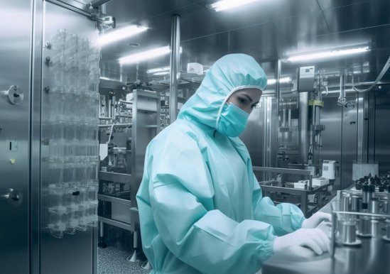 Person in einem Schutzanzug in einem Labor