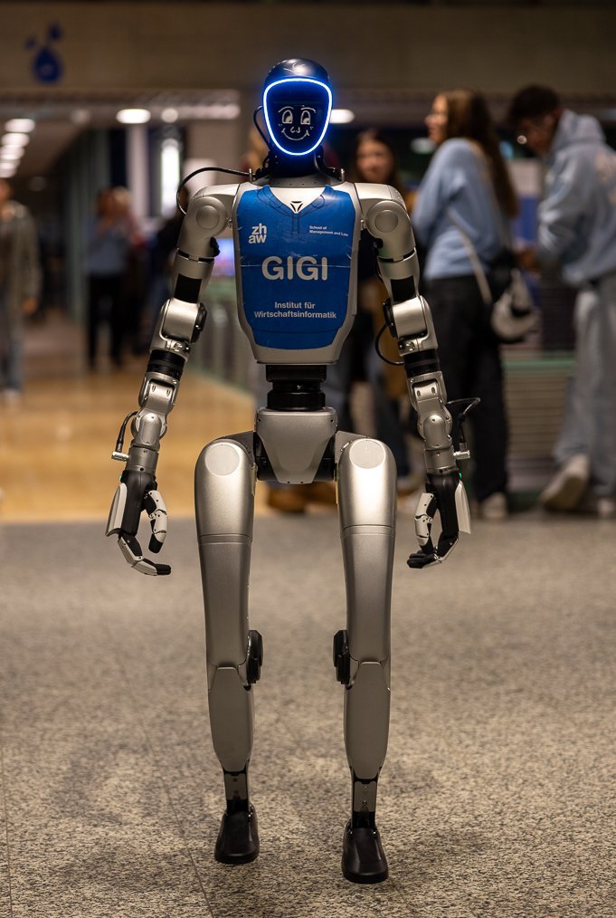 Humanoid robot with a glowing face in a corridor