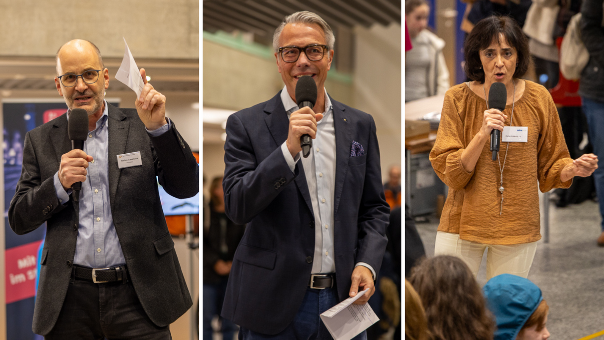Mosaic of three people speaking into the microphone at an event.