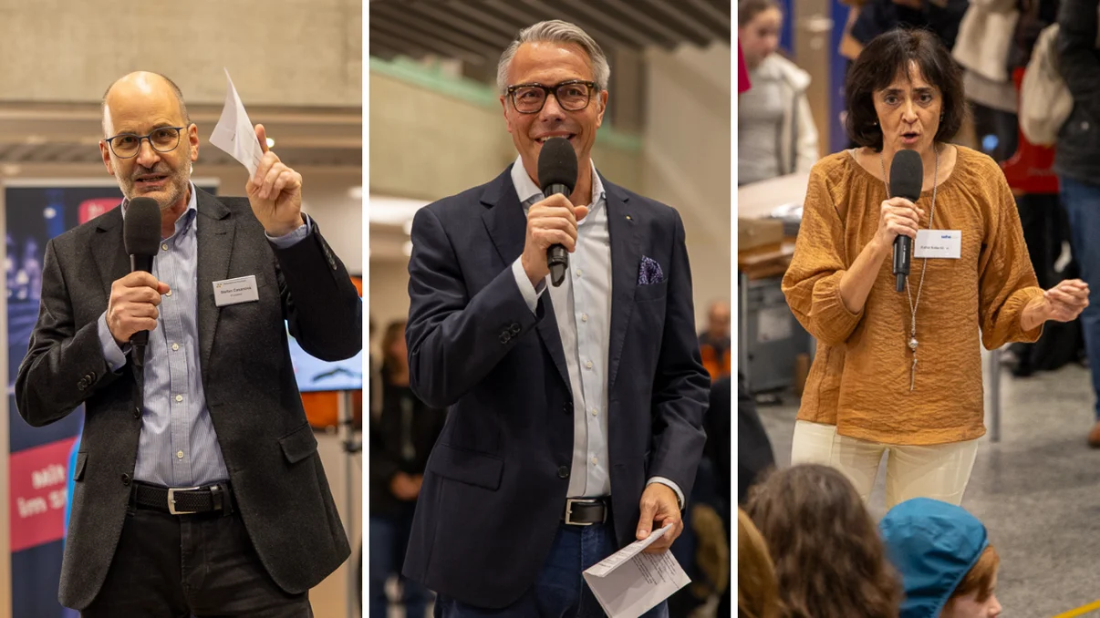 Mosaic of three people speaking into the microphone at an event.