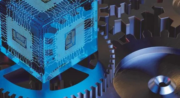 Hightech cube surrounded by industrial gears