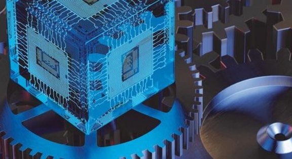 Digitaler Würfel auf Zahnrädern