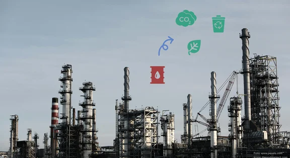 Industrieanlagen mit Recycling und CO2 Symbolen im Himmel