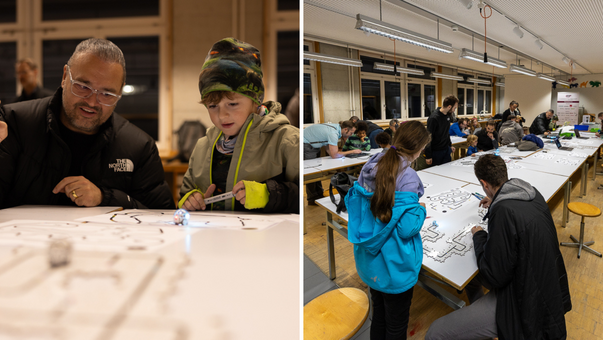 Mosaic picture of a workshop. Left picture: Father and son looking together at an experimental set-up on the table. Right picture: Large table with young and old people carrying out experiments together.