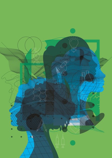 Silhouettes with scientific symbols on a green background