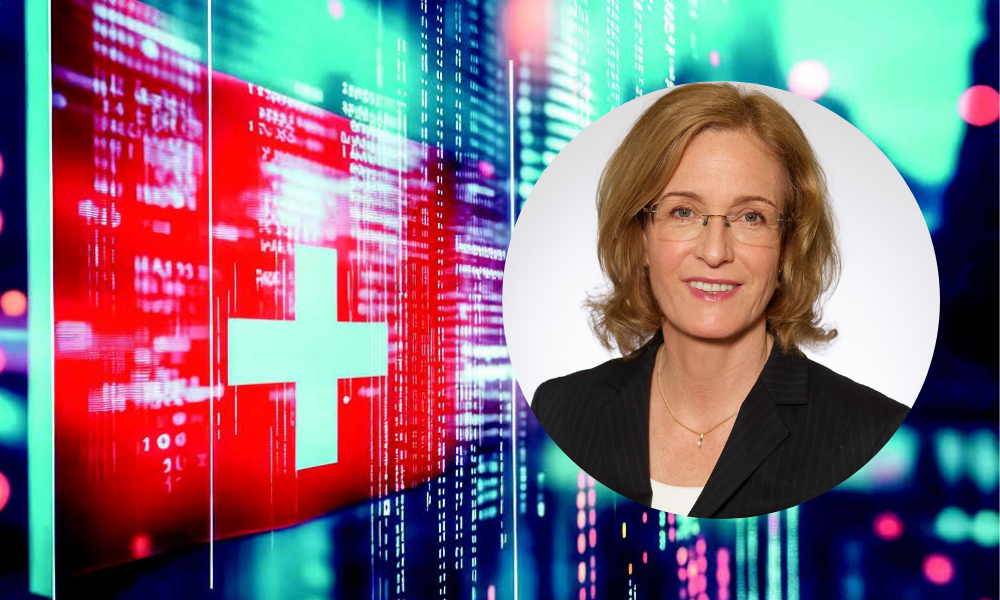 Portrait of Jana Koehler in front of a digital background with a Swiss flag