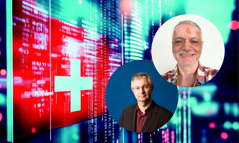 Swiss flag with digital background and two portraits of men