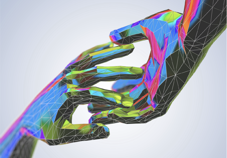Geometric hands with vibrant colors and polygonal design